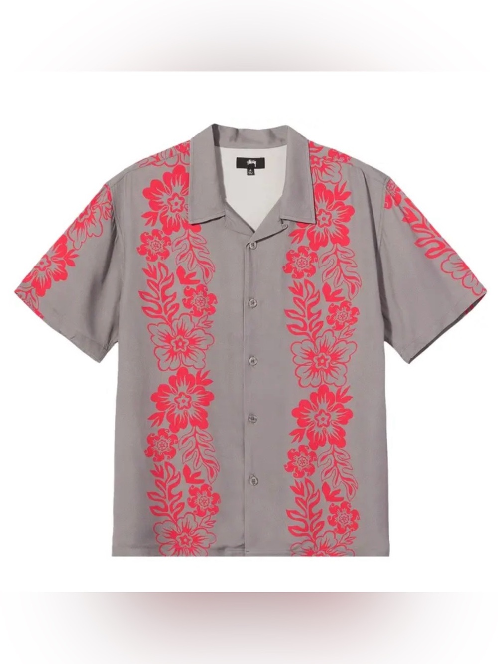 Stussy Gray Short-Sleeve Shirt Jacket with Bright Pink Floral Panels